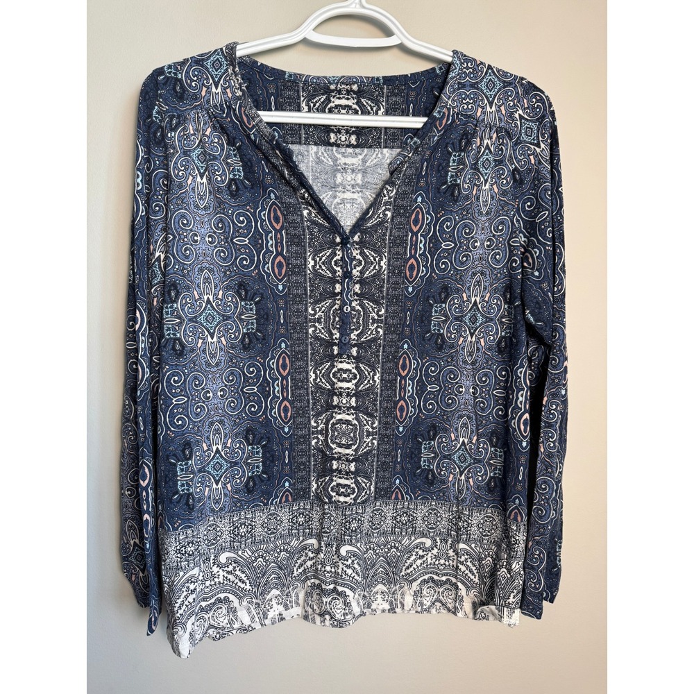 Paisley Print Henley Blouse Blue Boho Peasant Top Small Cottagecore Indie Tribal